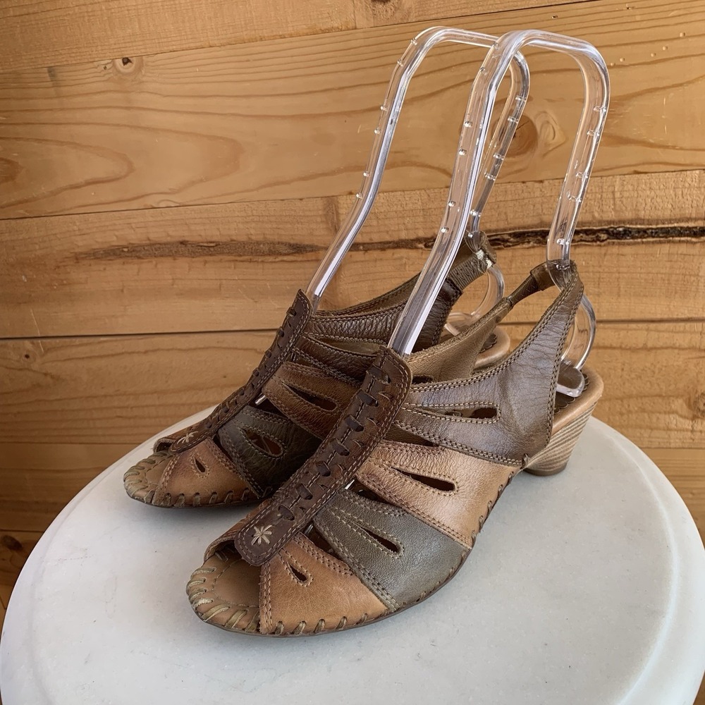 PIKOLINOS Paris Brown Green Leather Peep Toe‎ Slingback Pumps EUR 38 US 7.5